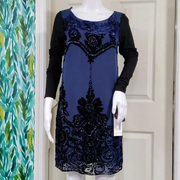 NWT Hale Bob Beaded Elisa Velvet Dress Burnout Long Sleeve Shift Blue Women's XS - Picture 3 of 14